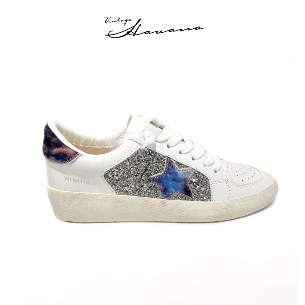 VINTAGE HAVANA White Frosty Glitter Pink Star Leather Sneakers NWT